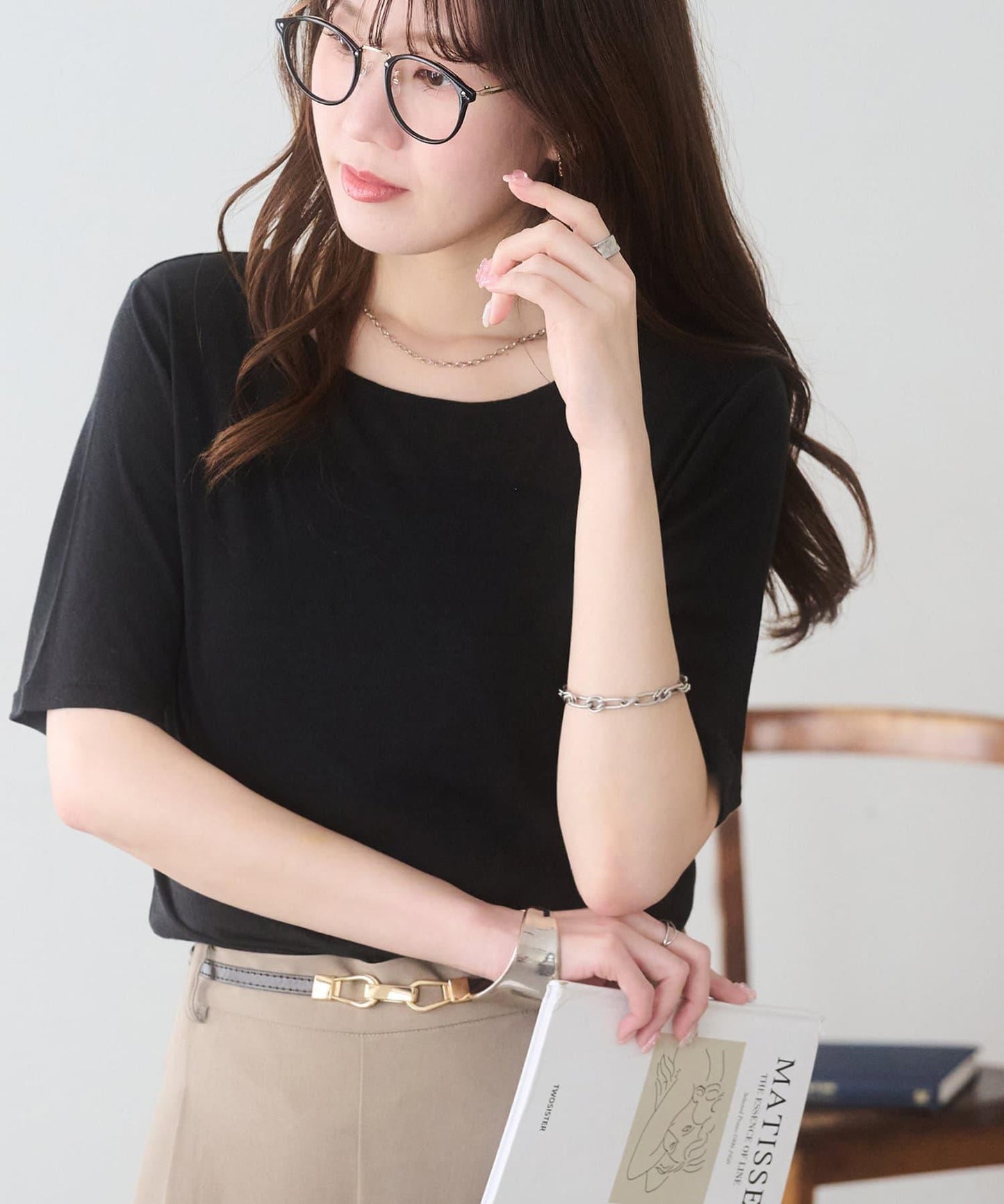 強捻羅紋透紗五分袖上衣