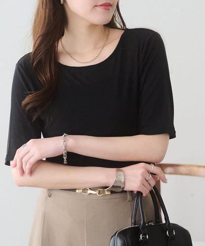 強捻羅紋透紗五分袖上衣