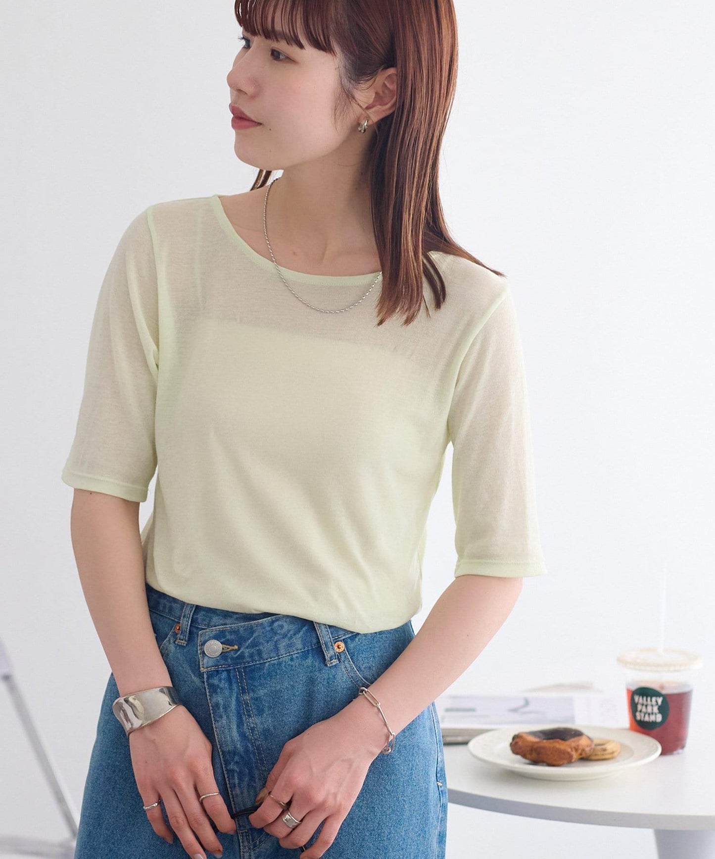 強捻羅紋透紗五分袖上衣