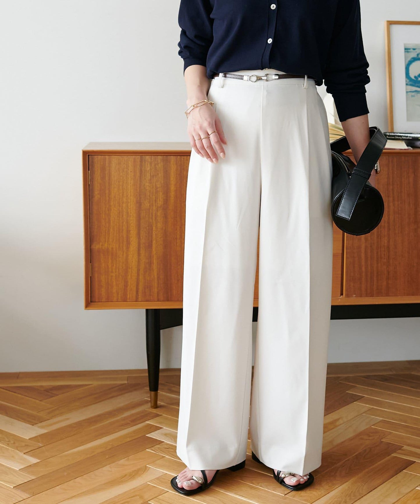 多功能直筒打褶附腰帶褲子