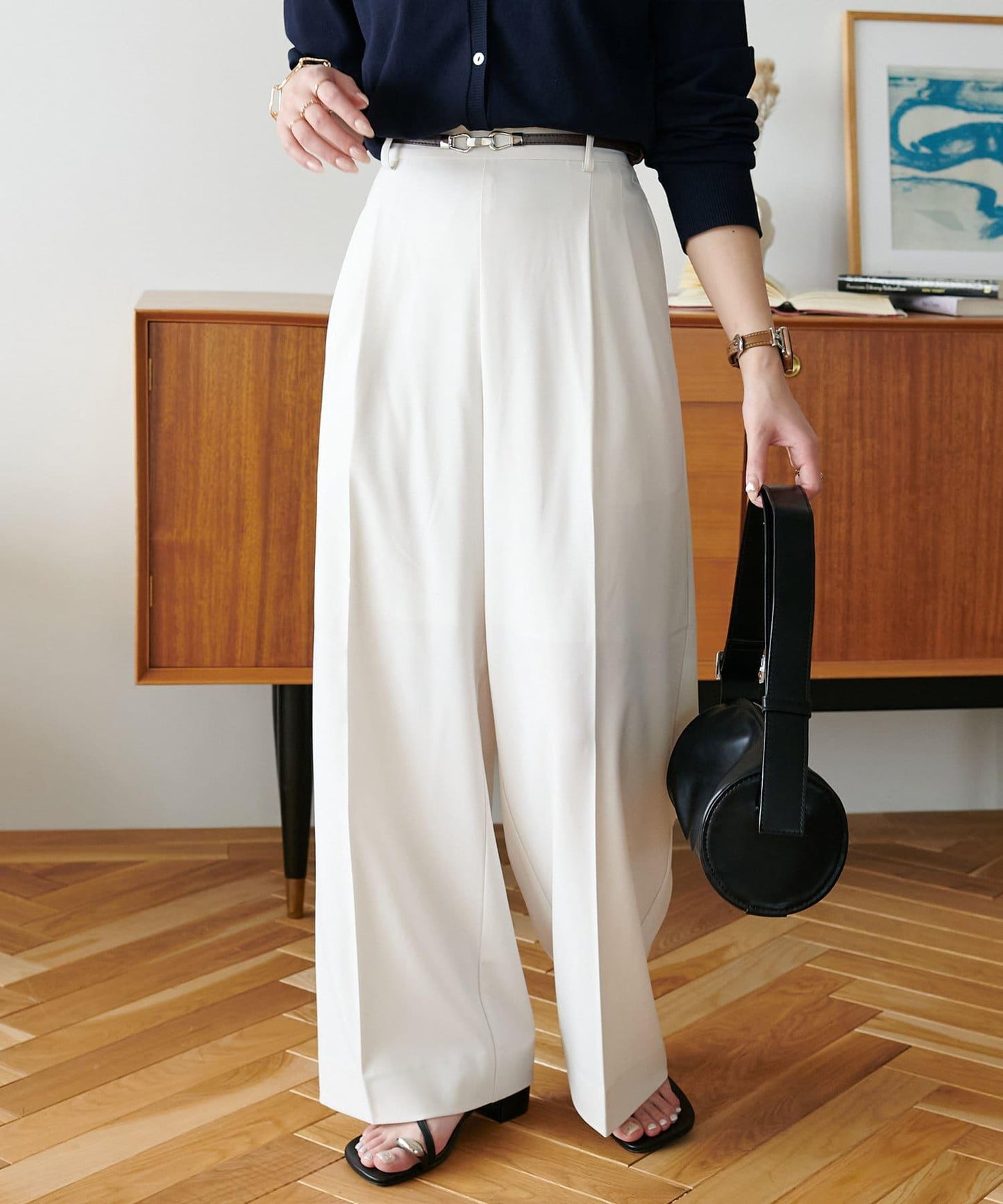 多功能直筒打褶附腰帶褲子