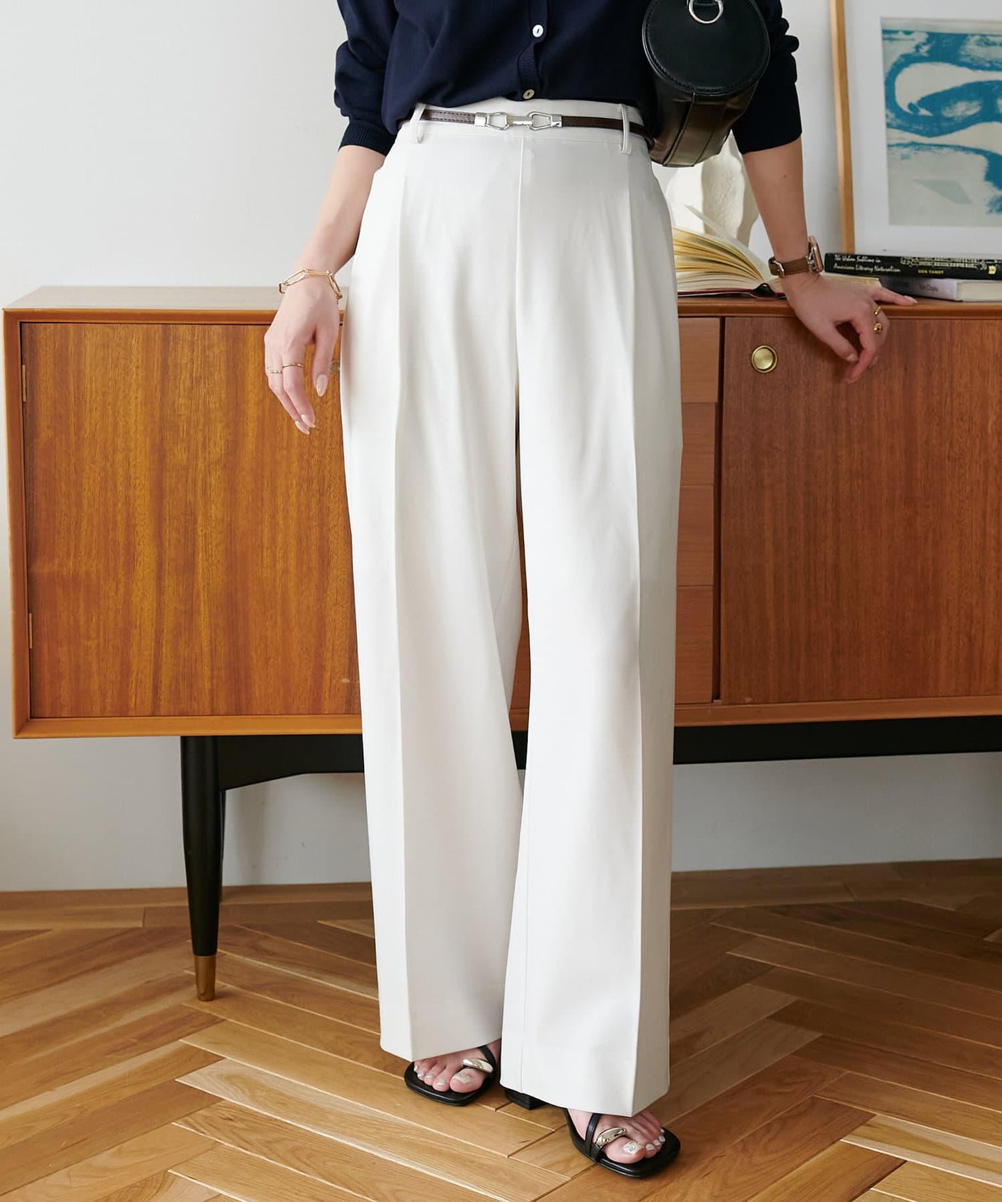 多功能直筒打褶附腰帶褲子