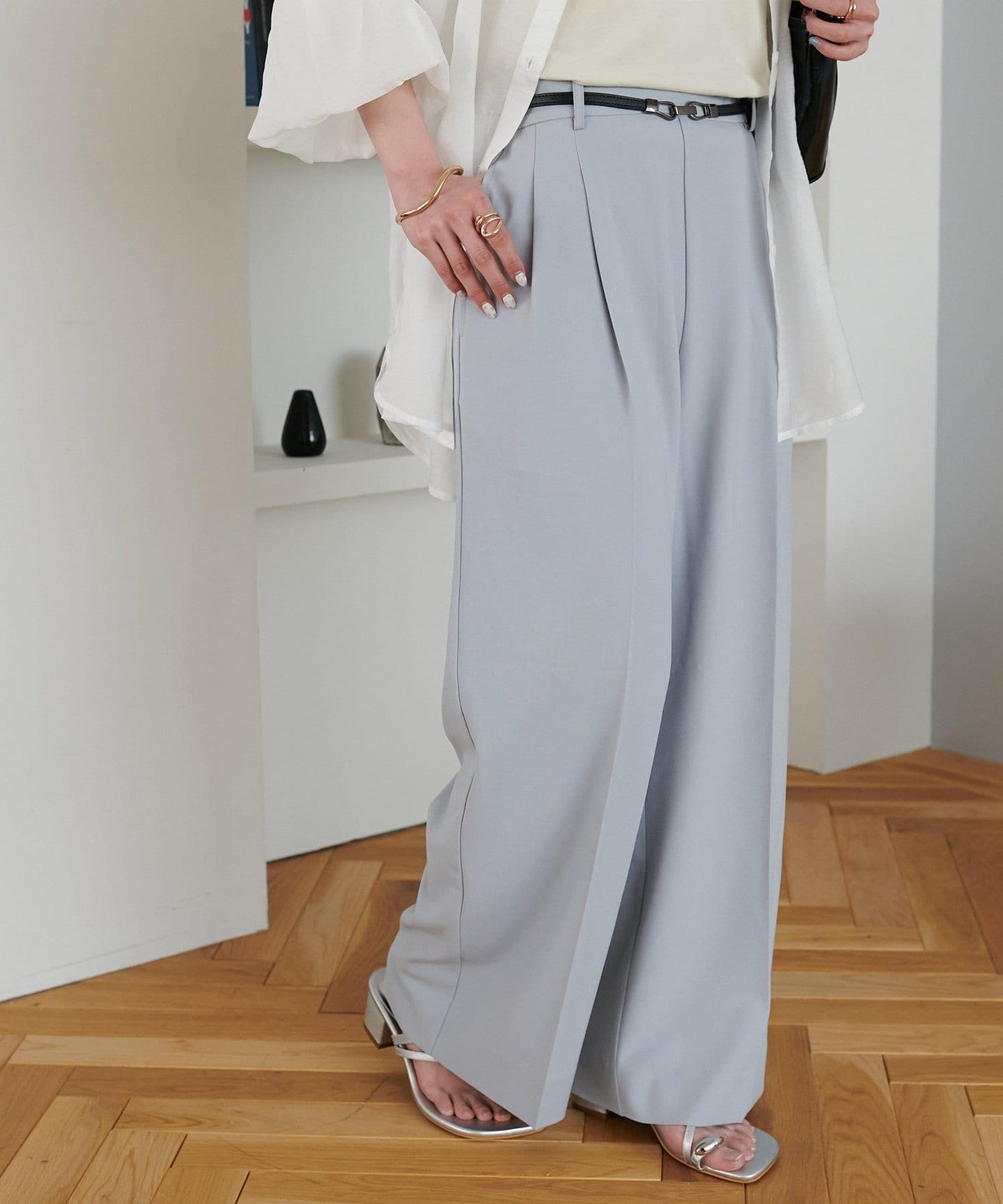 多功能直筒打褶附腰帶褲子