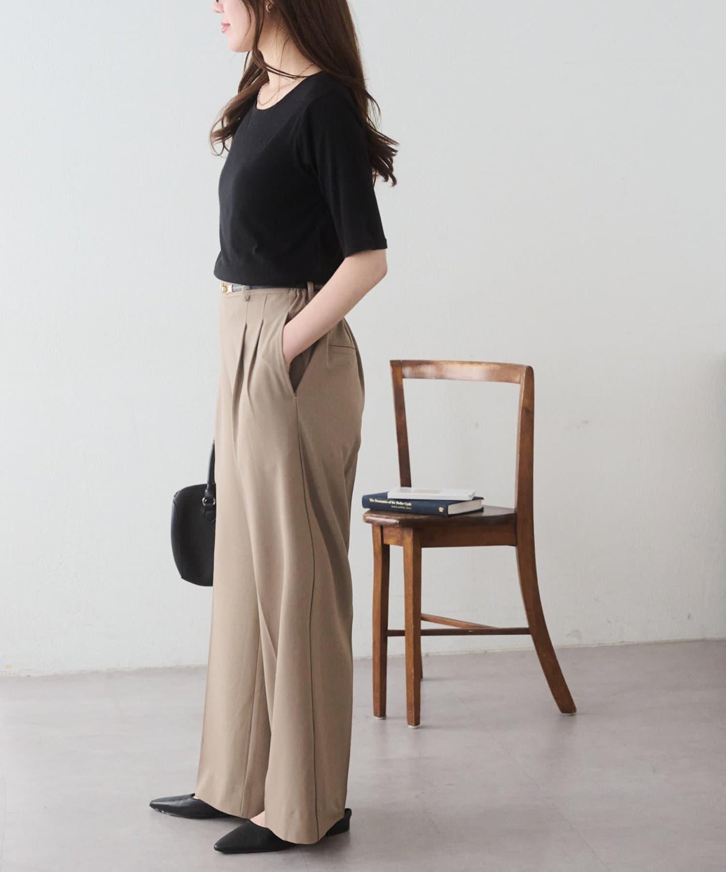 強捻羅紋透紗五分袖上衣