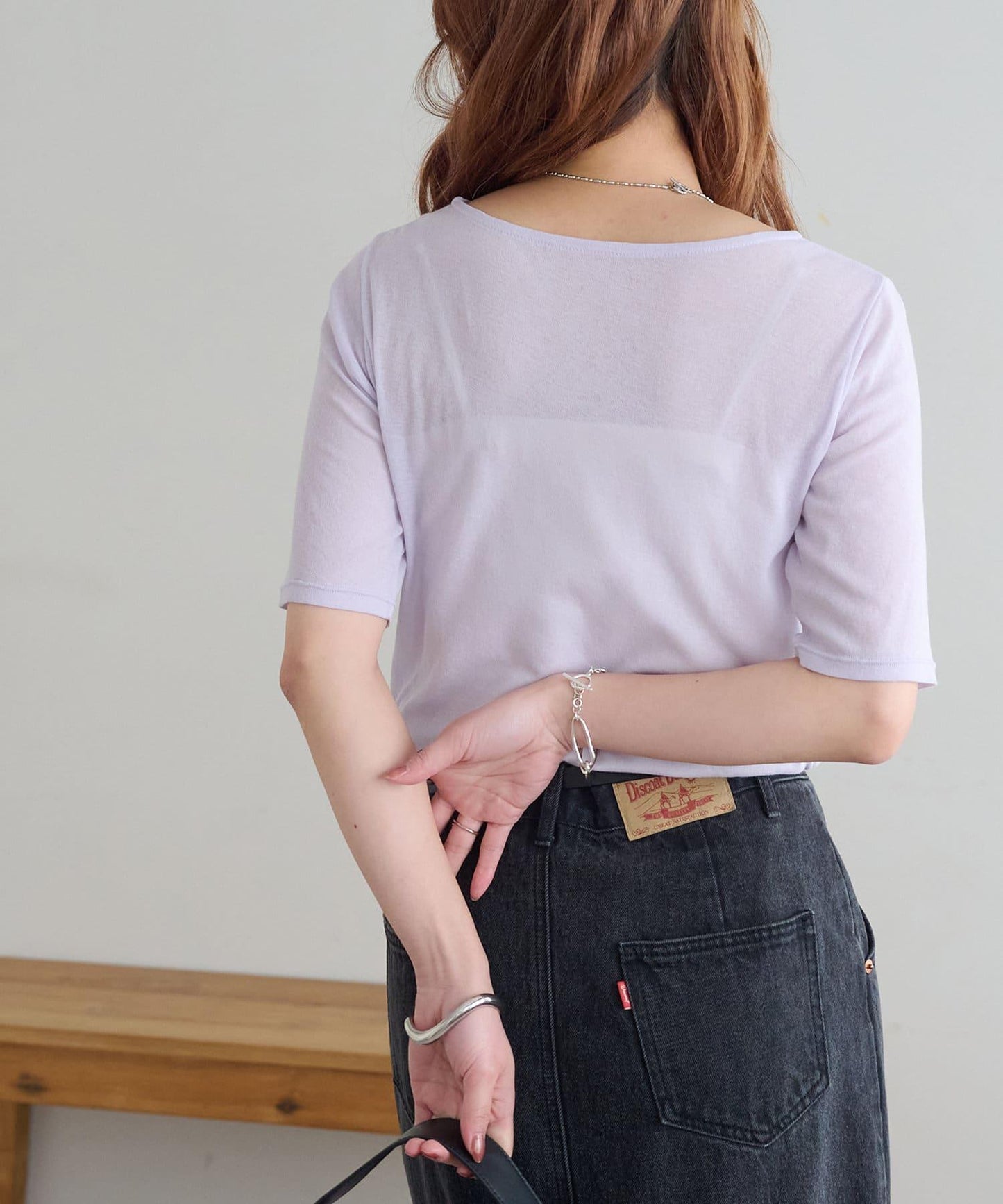 強捻羅紋透紗五分袖上衣