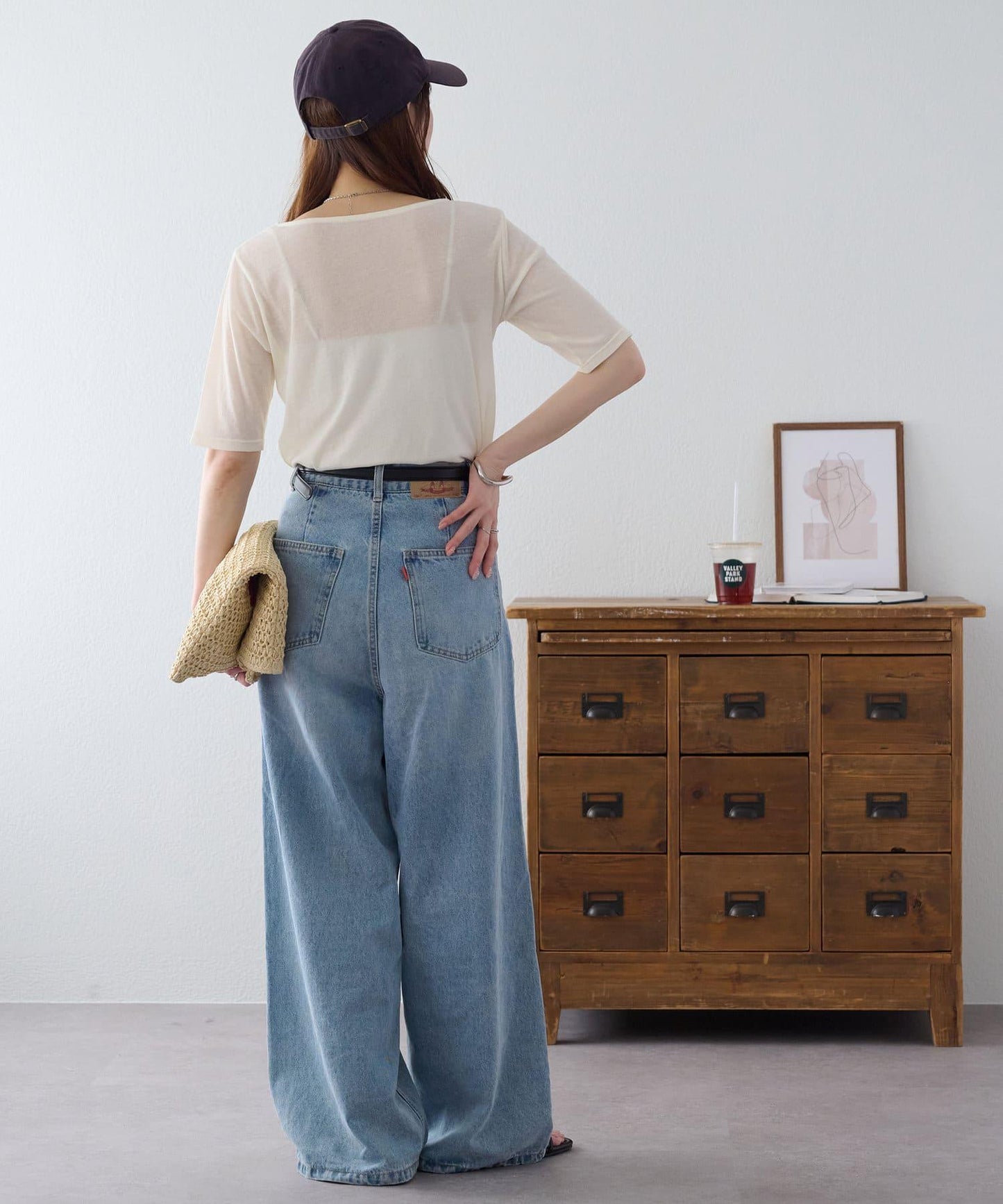 強捻羅紋透紗五分袖上衣