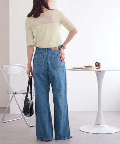 強捻羅紋透紗五分袖上衣