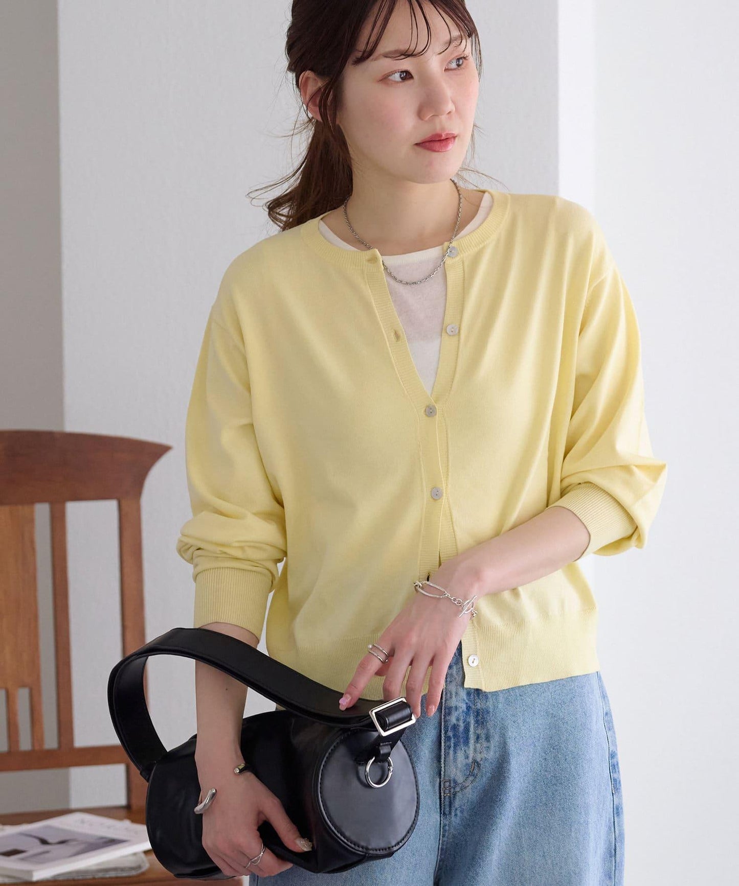 強捻羅紋透紗五分袖上衣