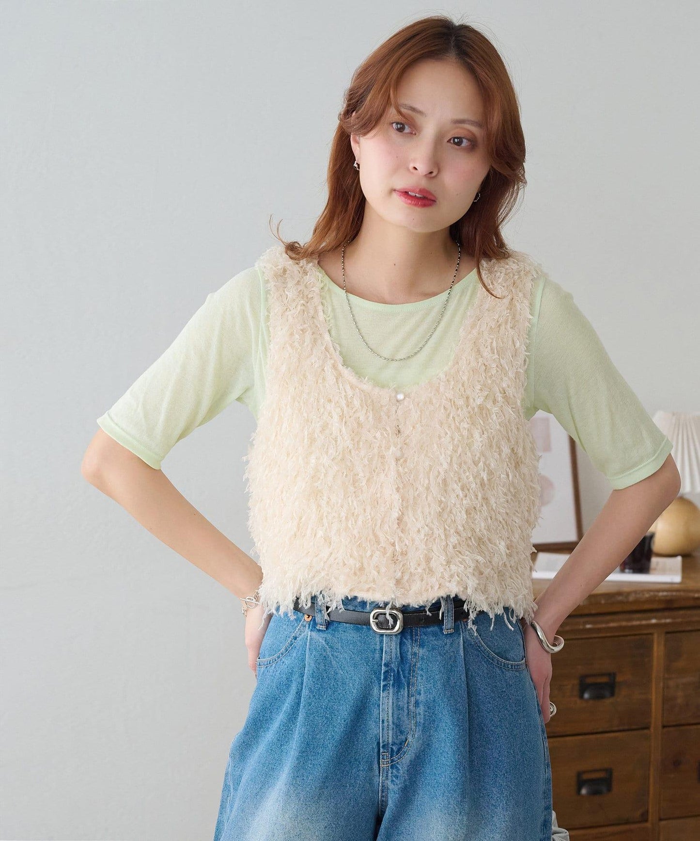 強捻羅紋透紗五分袖上衣