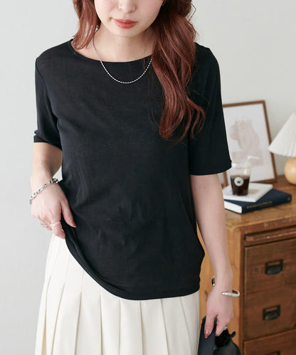 強捻羅紋透紗五分袖上衣