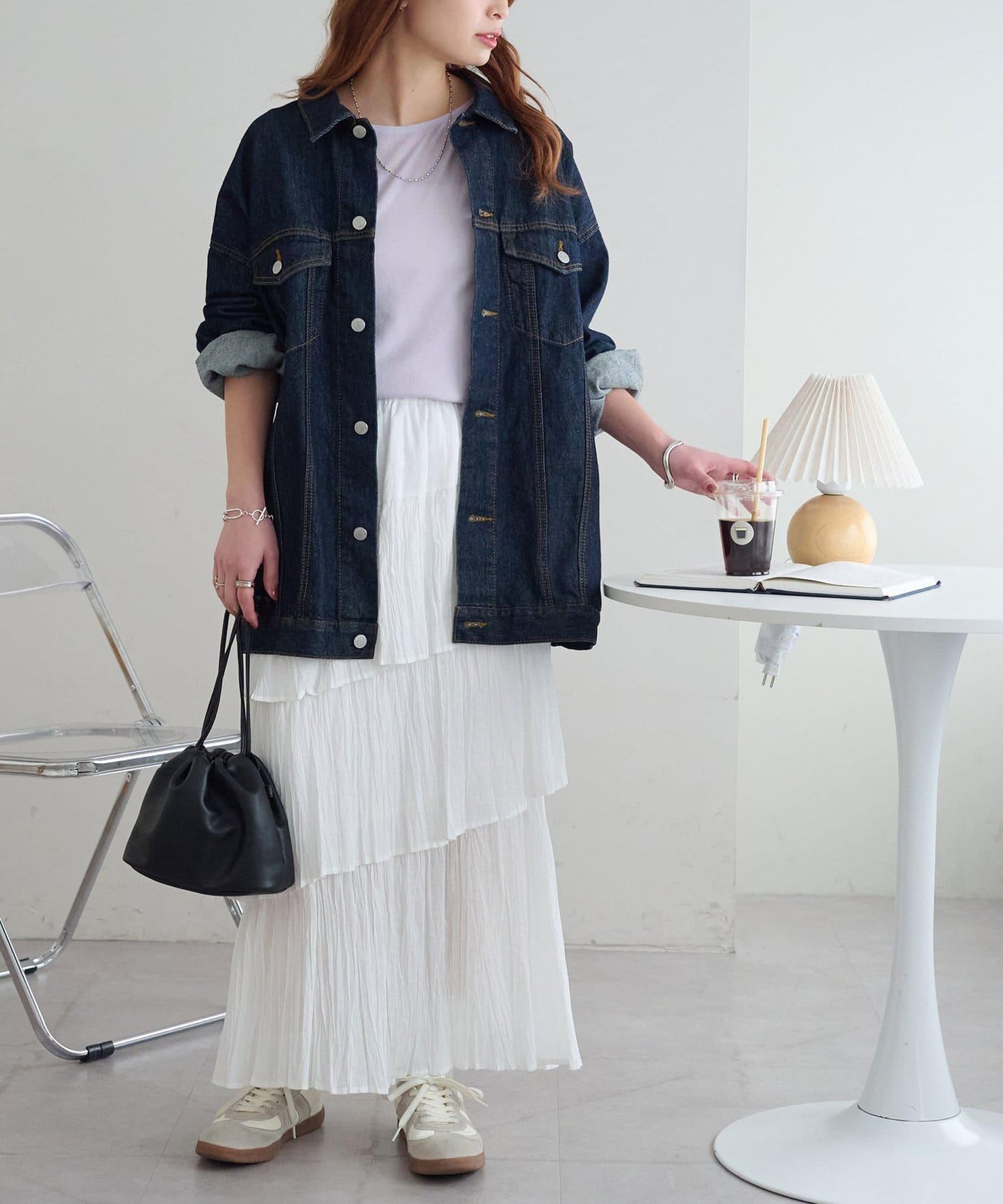 強捻羅紋透紗五分袖上衣