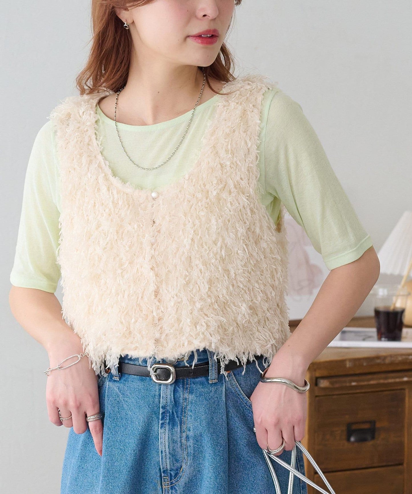 強捻羅紋透紗五分袖上衣