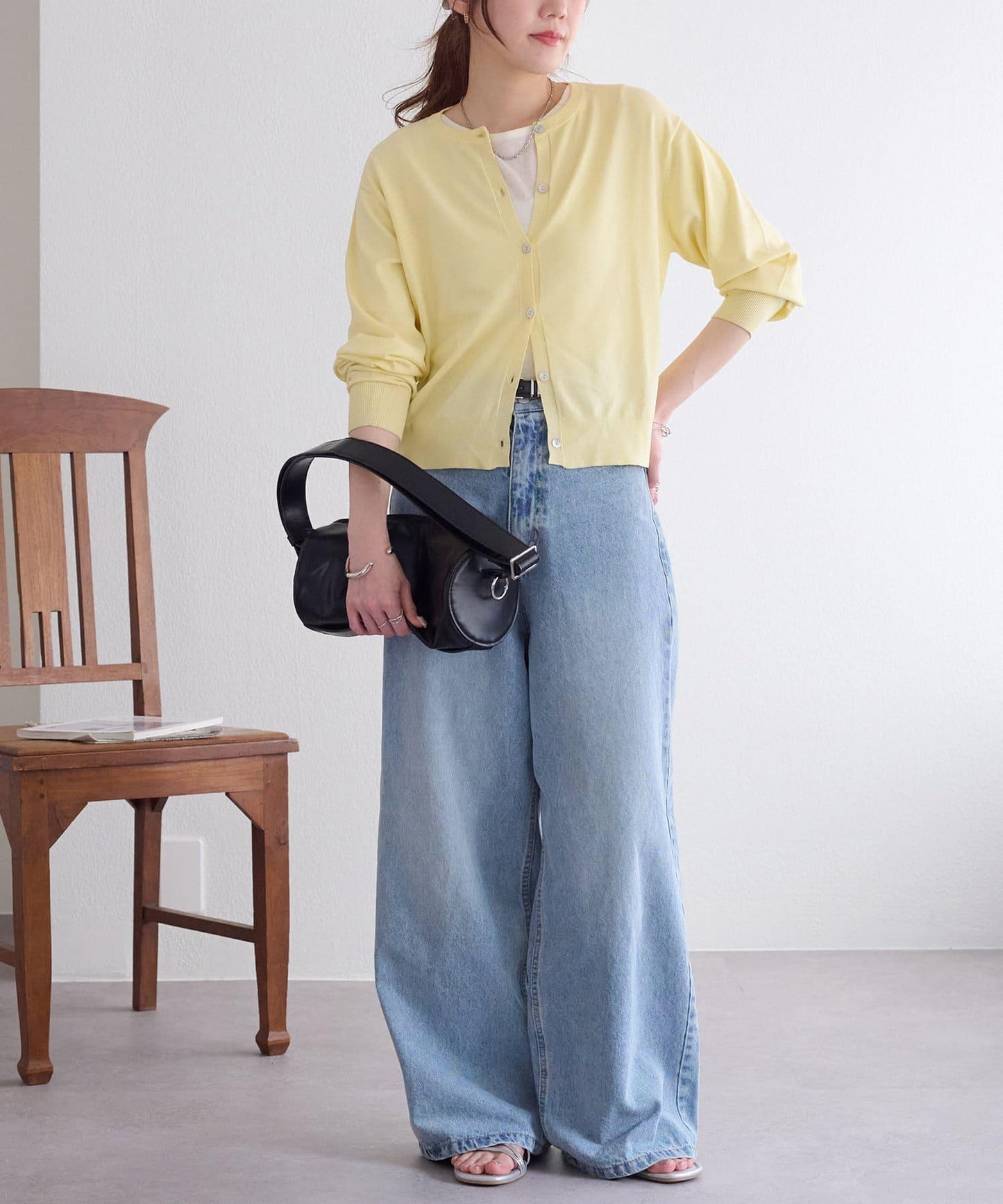 強捻羅紋透紗五分袖上衣