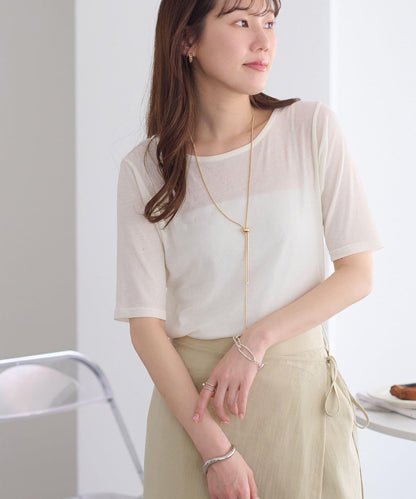 強捻羅紋透紗五分袖上衣