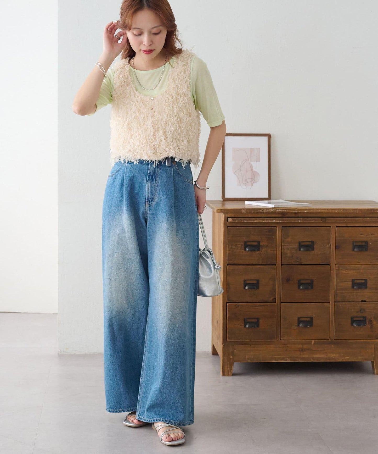 強捻羅紋透紗五分袖上衣