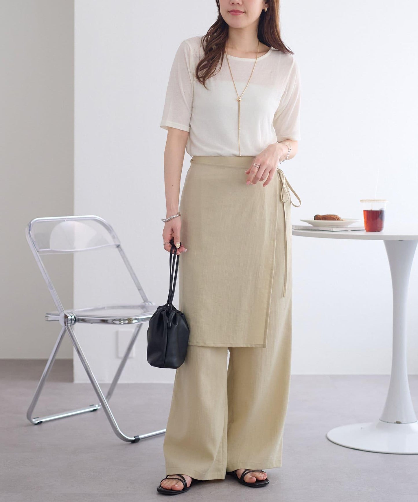 強捻羅紋透紗五分袖上衣