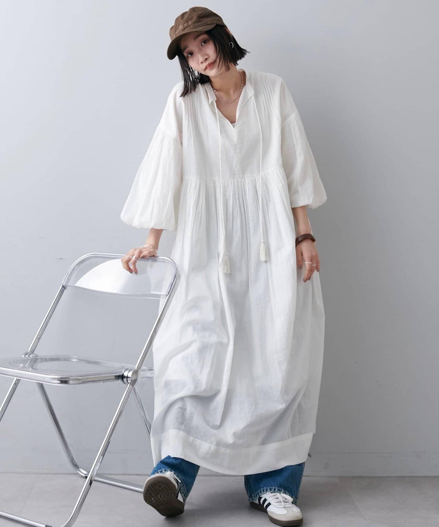 Discoat India 氣球袖拼接褶皺連衣裙