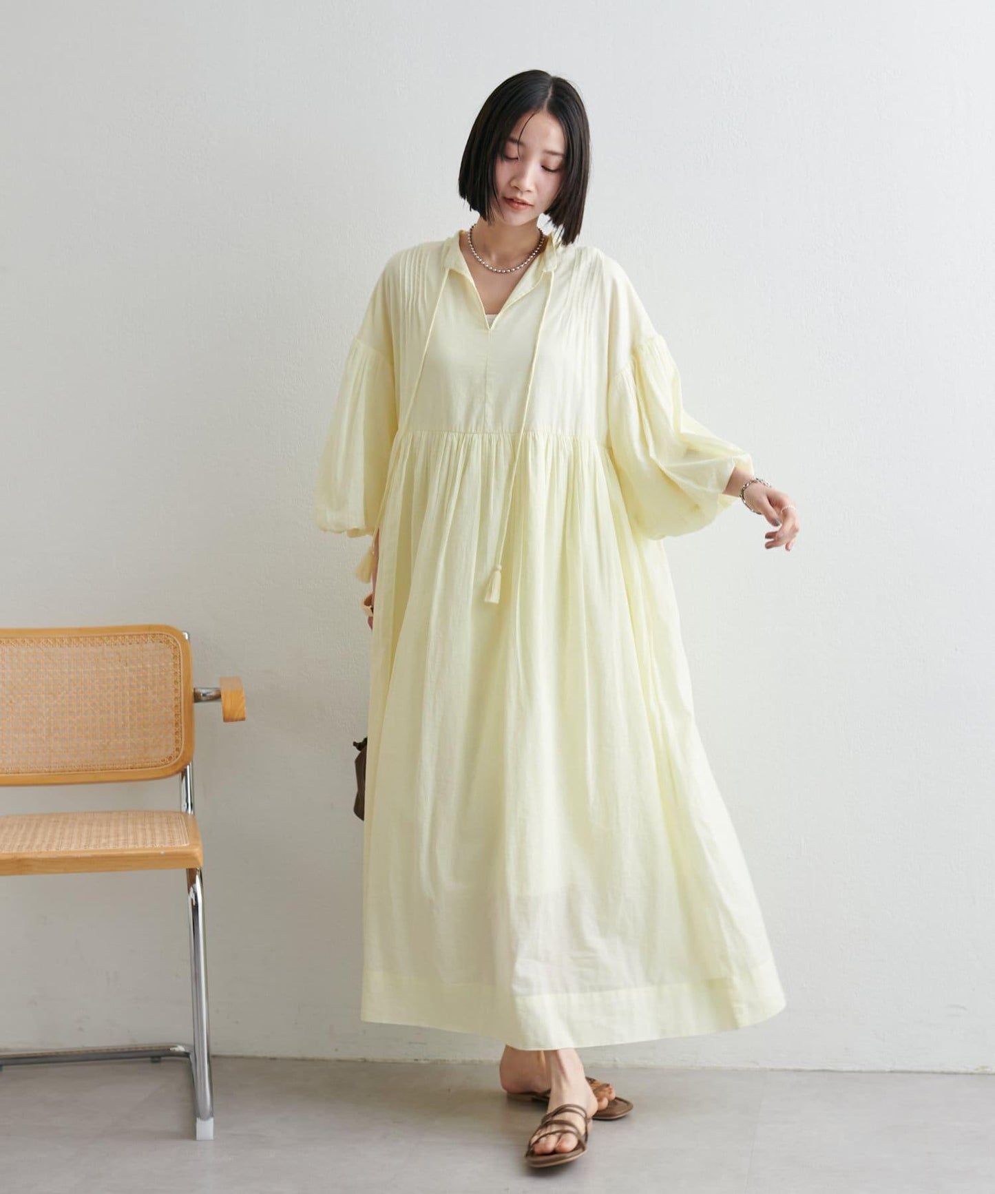 Discoat India 氣球袖拼接褶皺連衣裙