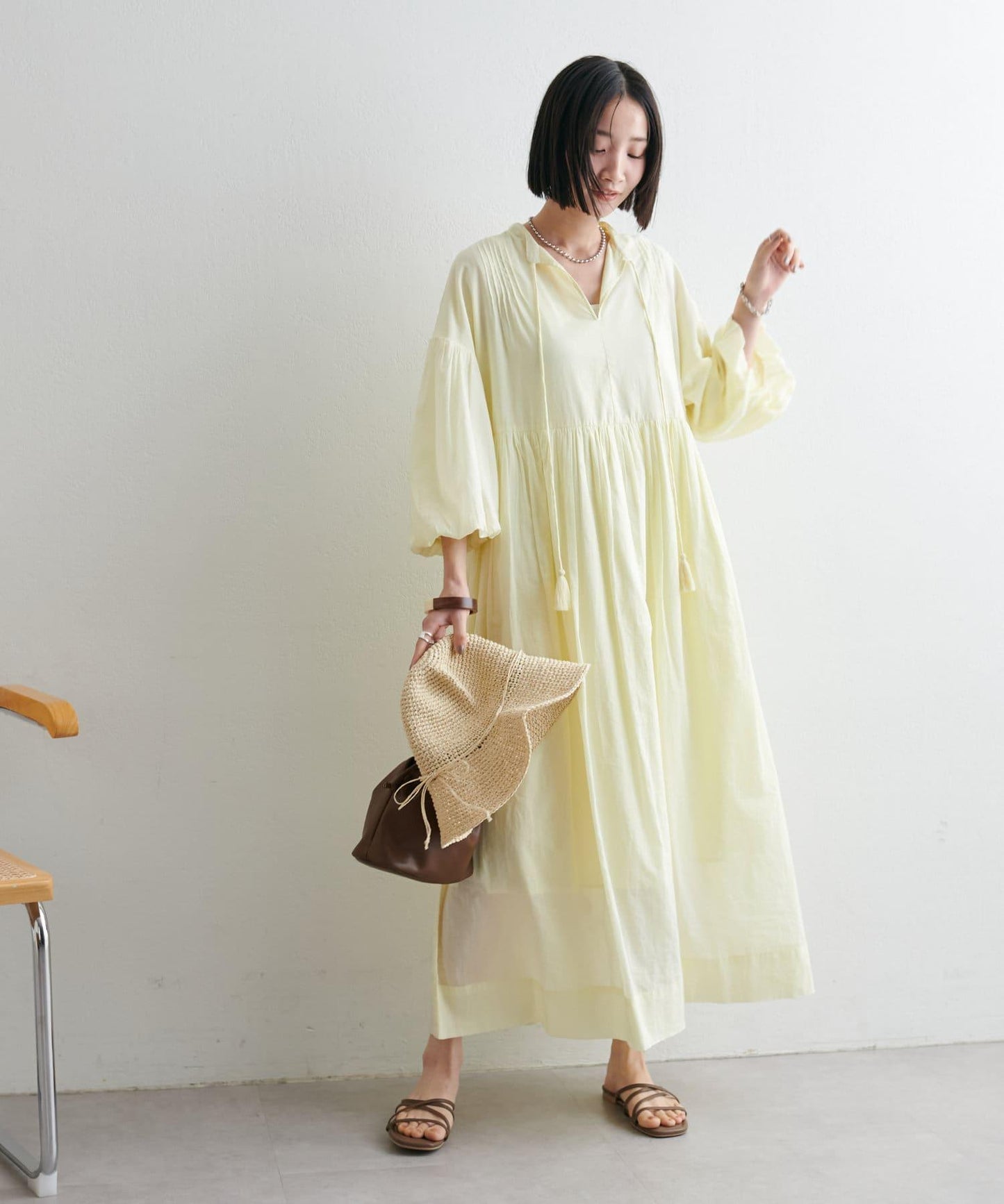 Discoat India 氣球袖拼接褶皺連衣裙