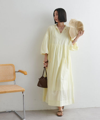 Discoat India 氣球袖拼接褶皺連衣裙