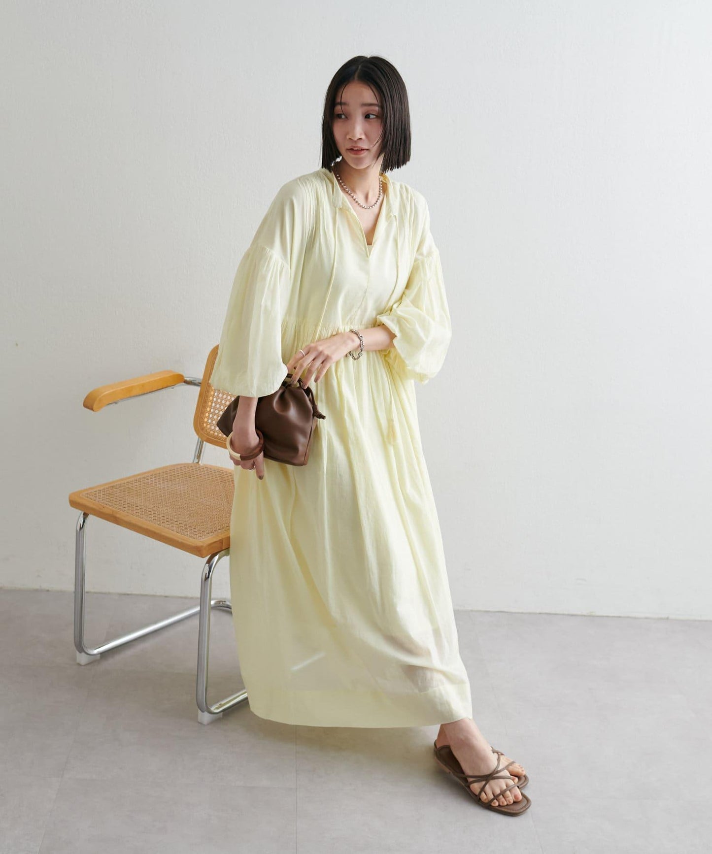 Discoat India 氣球袖拼接褶皺連衣裙