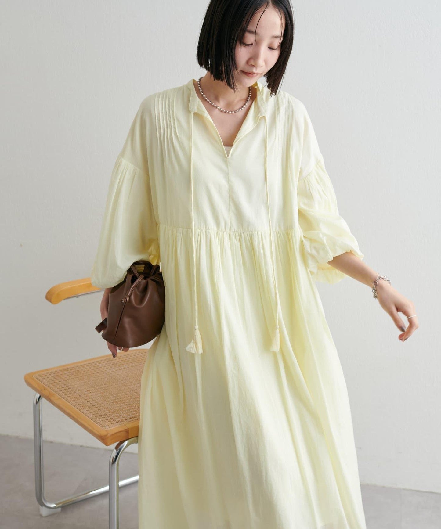 Discoat India 氣球袖拼接褶皺連衣裙