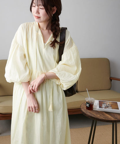 Discoat India 氣球袖拼接褶皺連衣裙