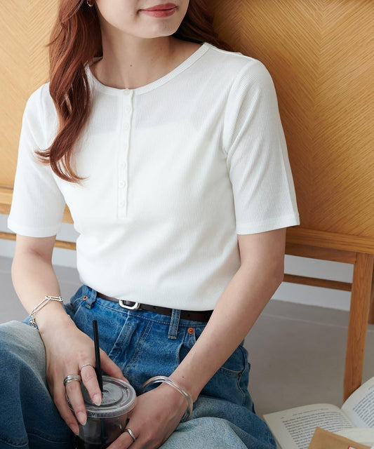 透膚羅紋亨利領五分袖上衣