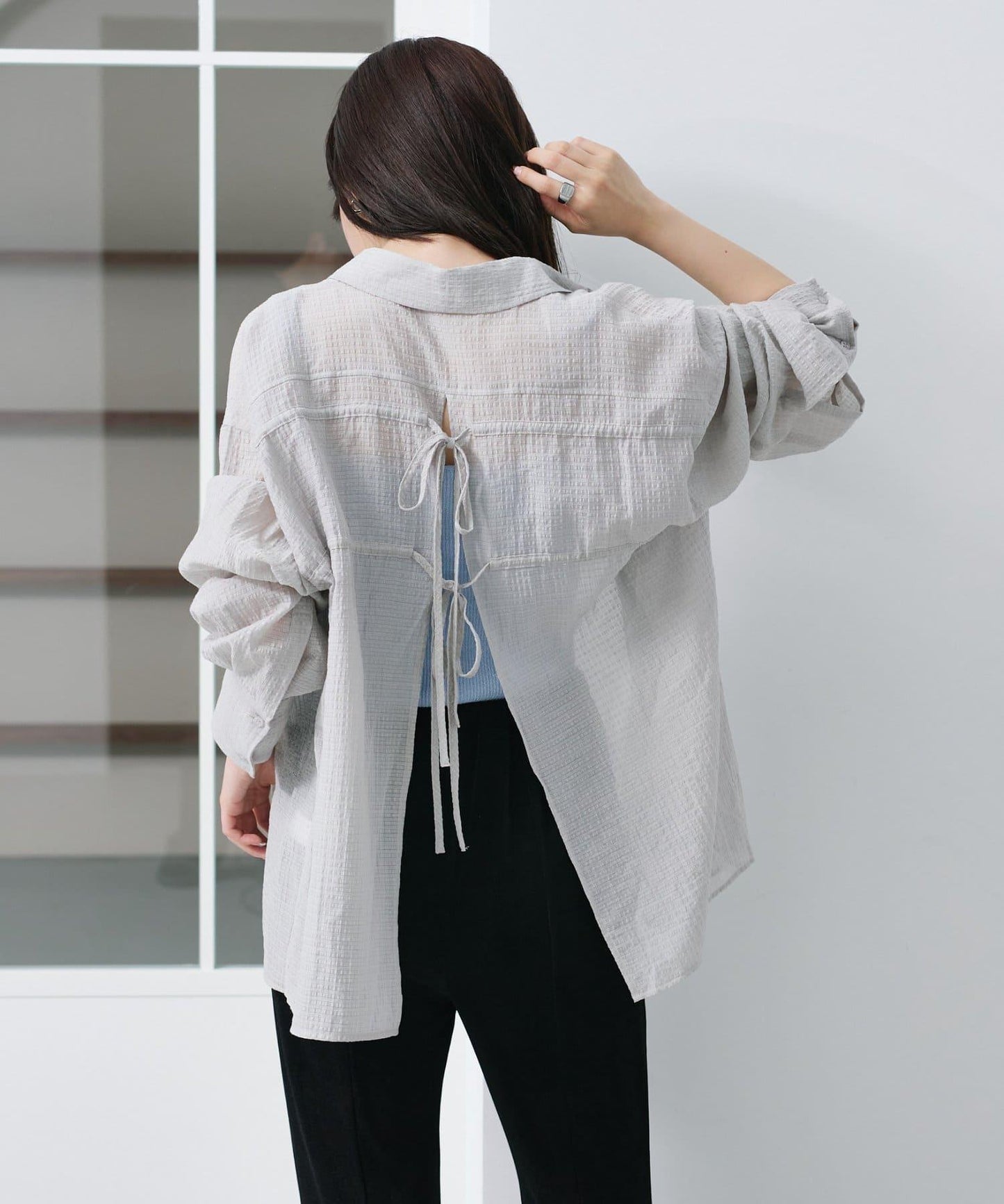 格紋後蝴蝶結襯衫