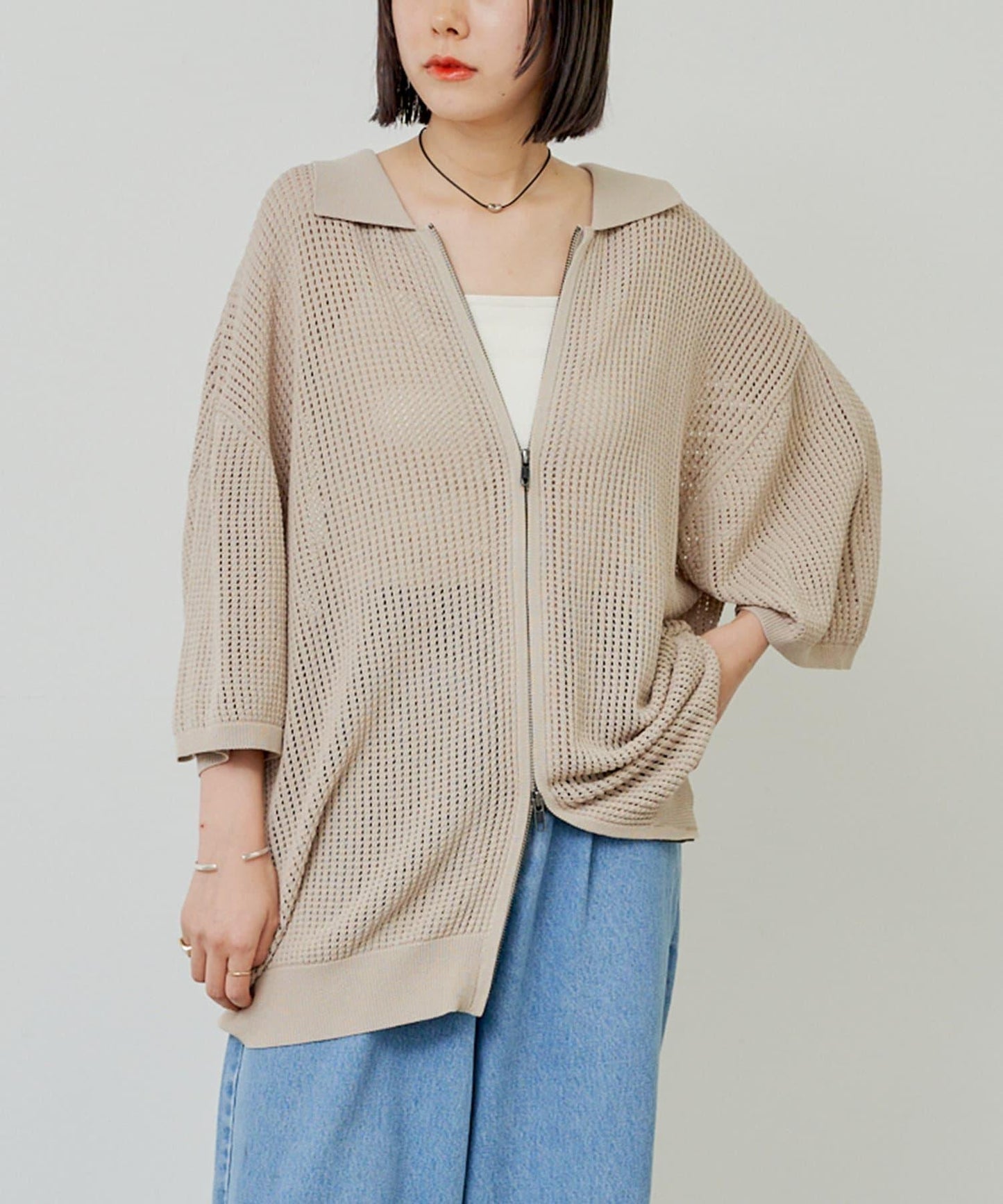 雙拉鍊網眼針織襯衫