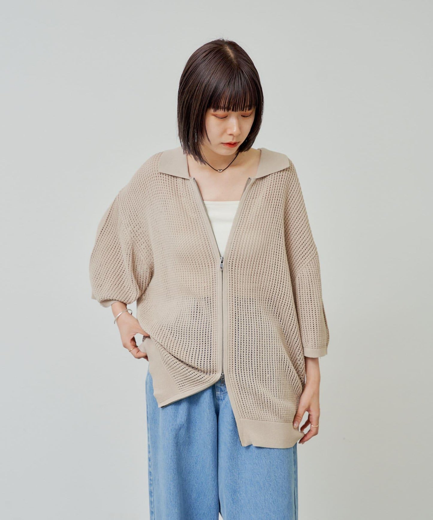 雙拉鍊網眼針織襯衫