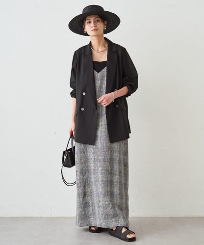 格紋亞麻吊帶連衣裙