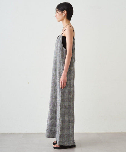 格紋亞麻吊帶連衣裙