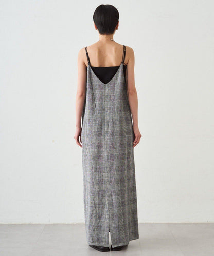 格紋亞麻吊帶連衣裙