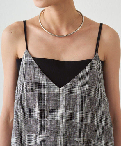 格紋亞麻吊帶連衣裙