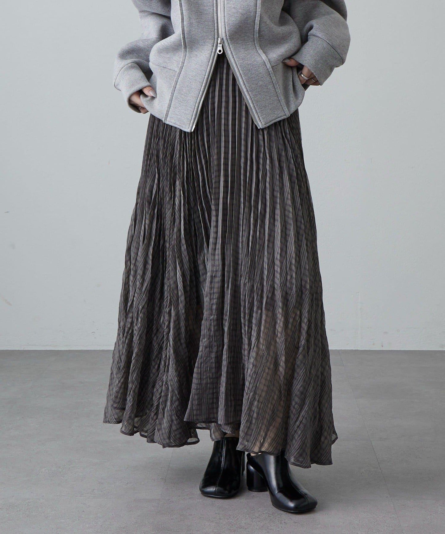 透感格紋百褶半身裙