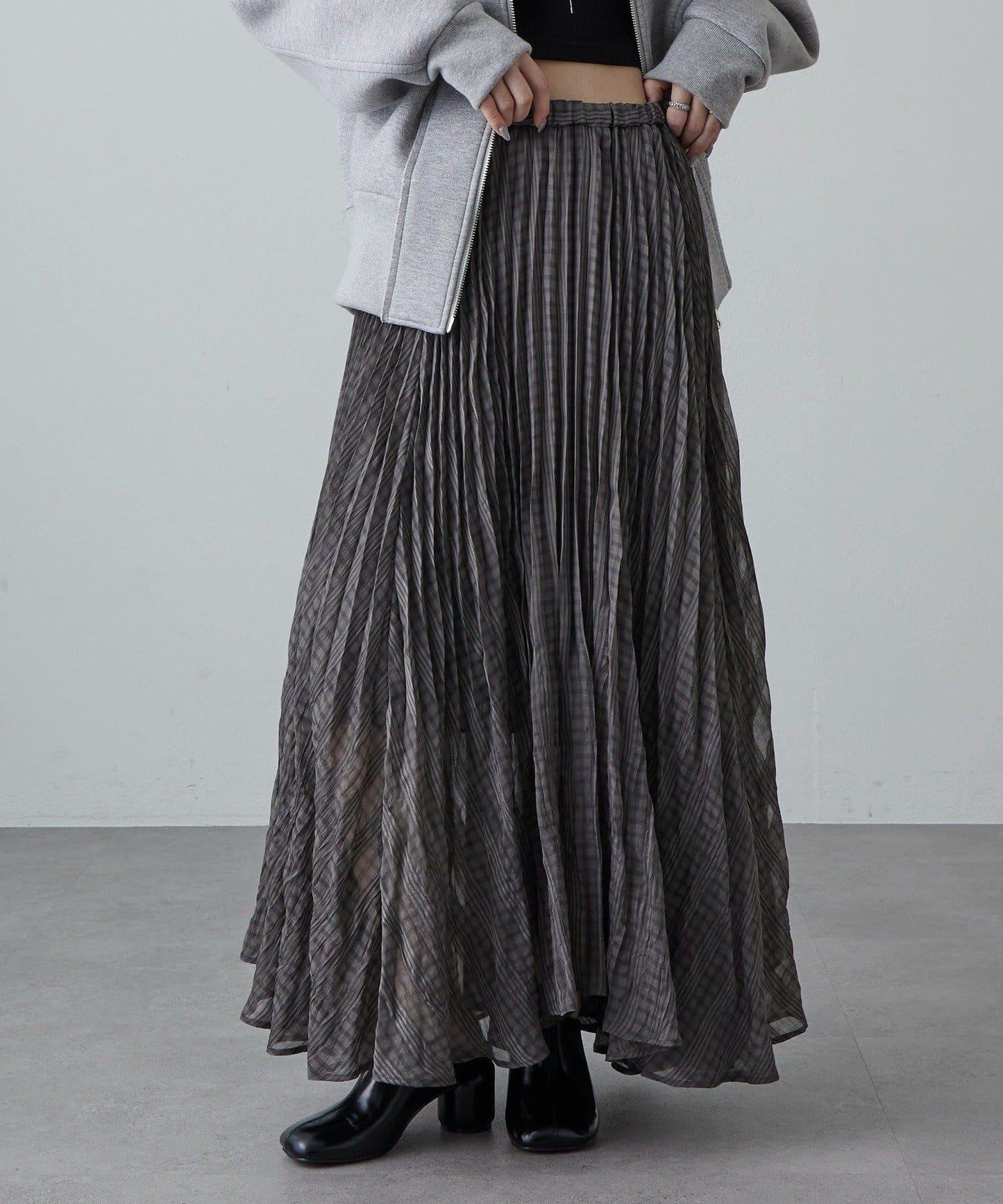 透感格紋百褶半身裙