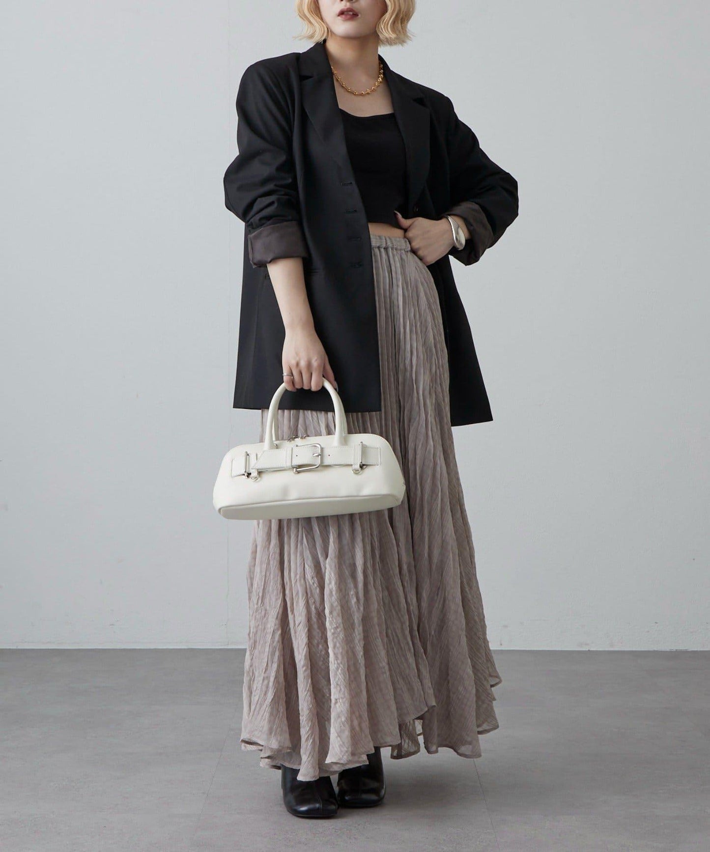 透感格紋百褶半身裙