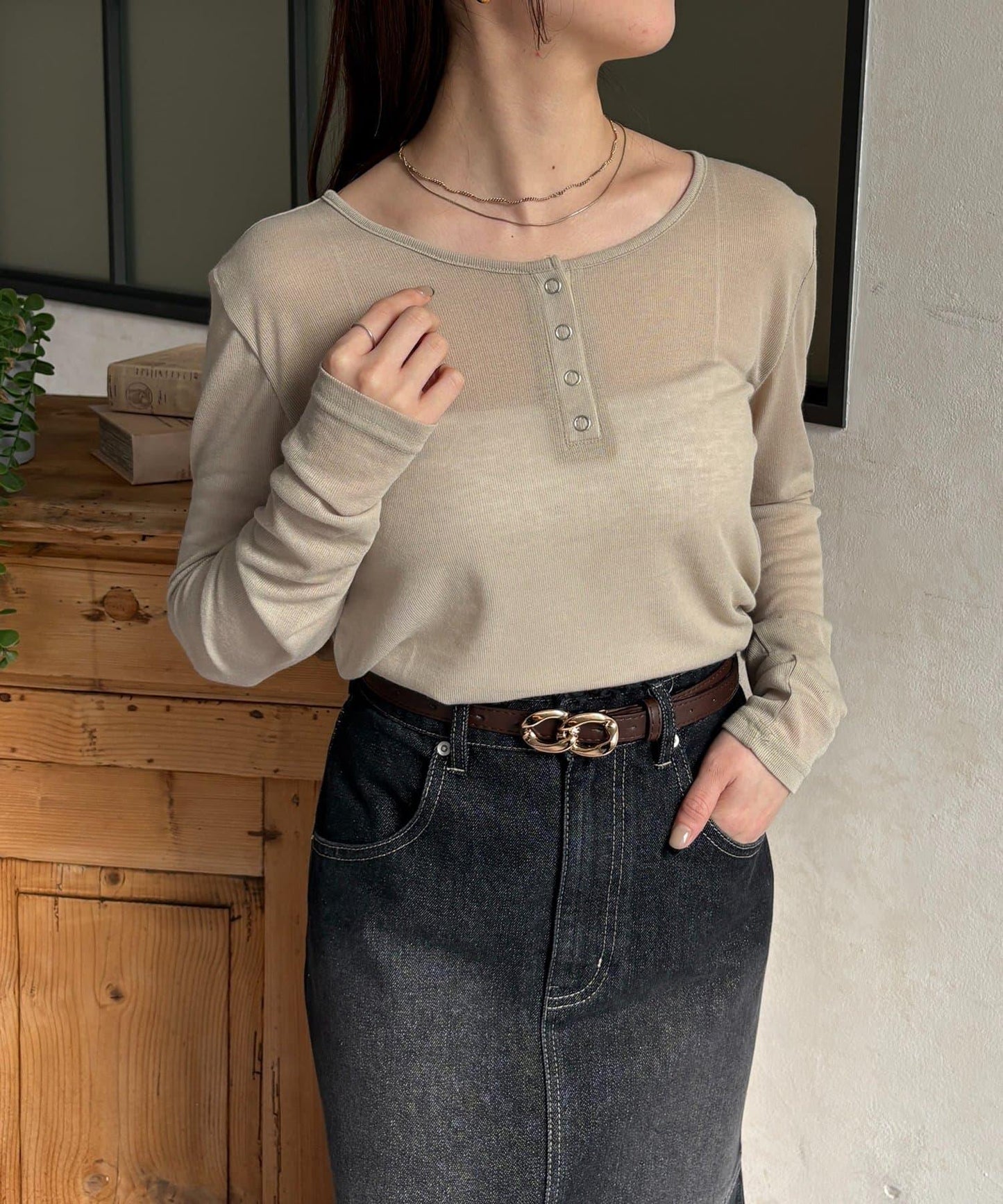 透膚羅紋亨利領套頭上衣