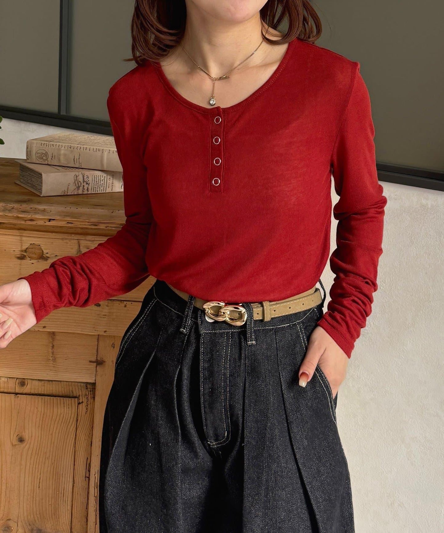 透膚羅紋亨利領套頭上衣