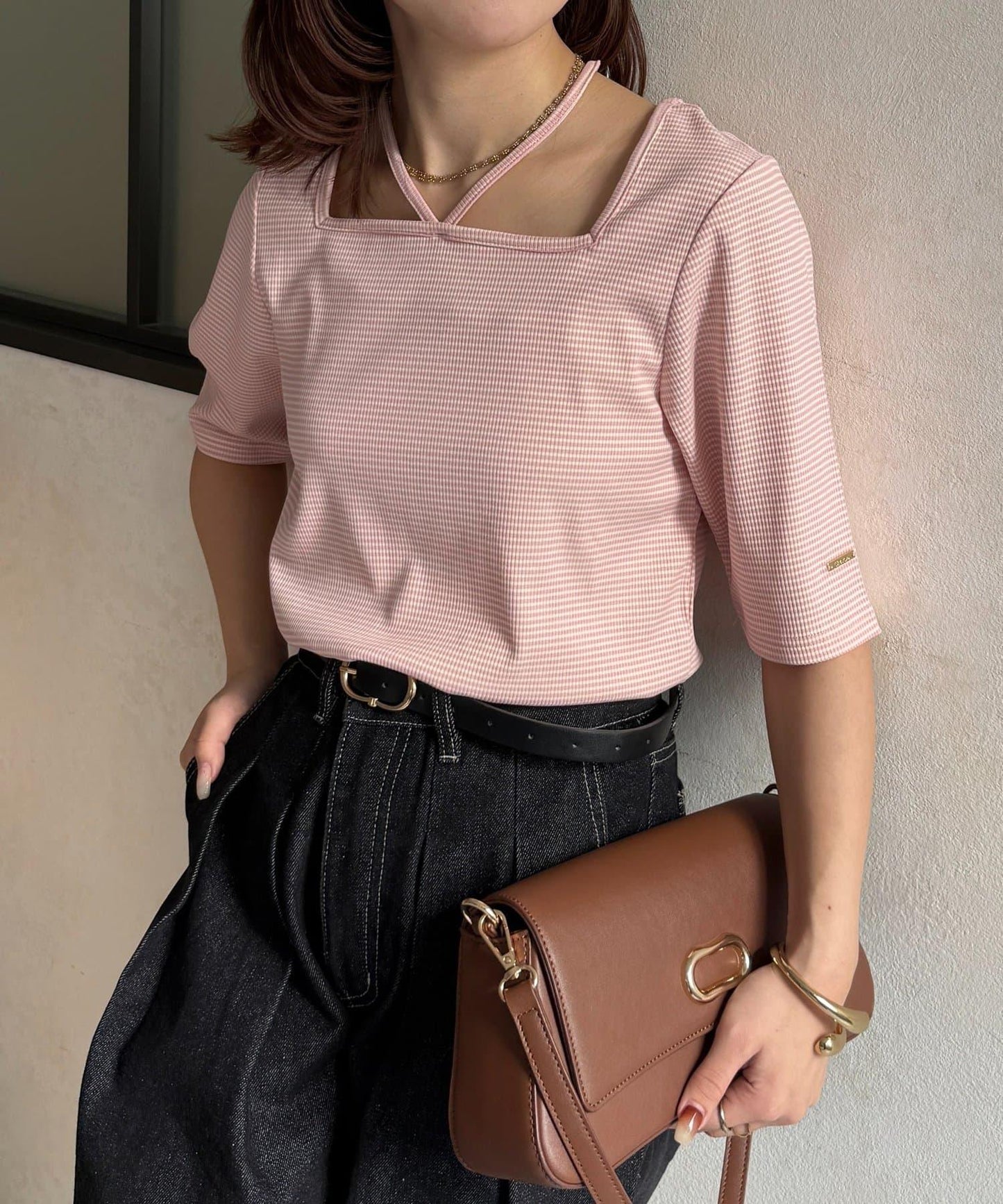 吊墜裝飾掛脖五分袖套頭上衣