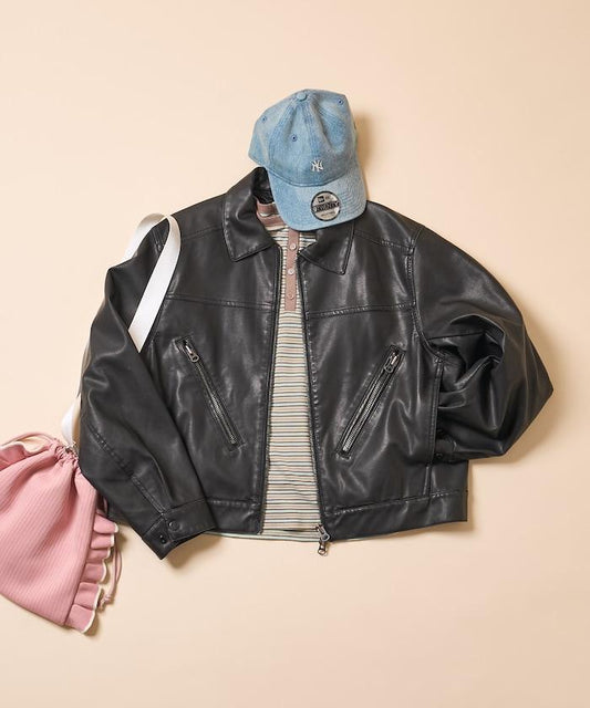 拉鍊口袋 短款 仿皮面料 夾克
