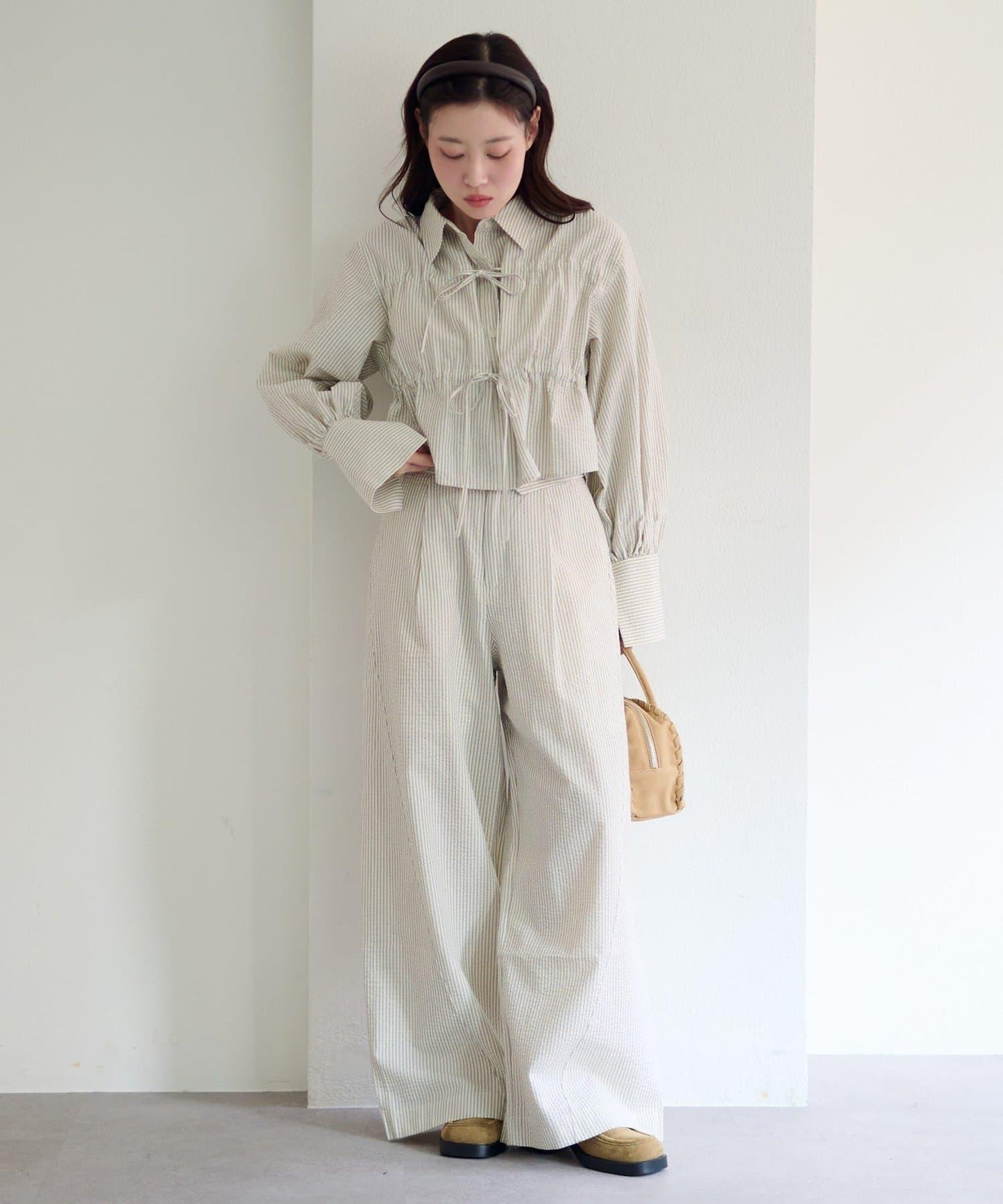 條紋翻蓋設計褲子