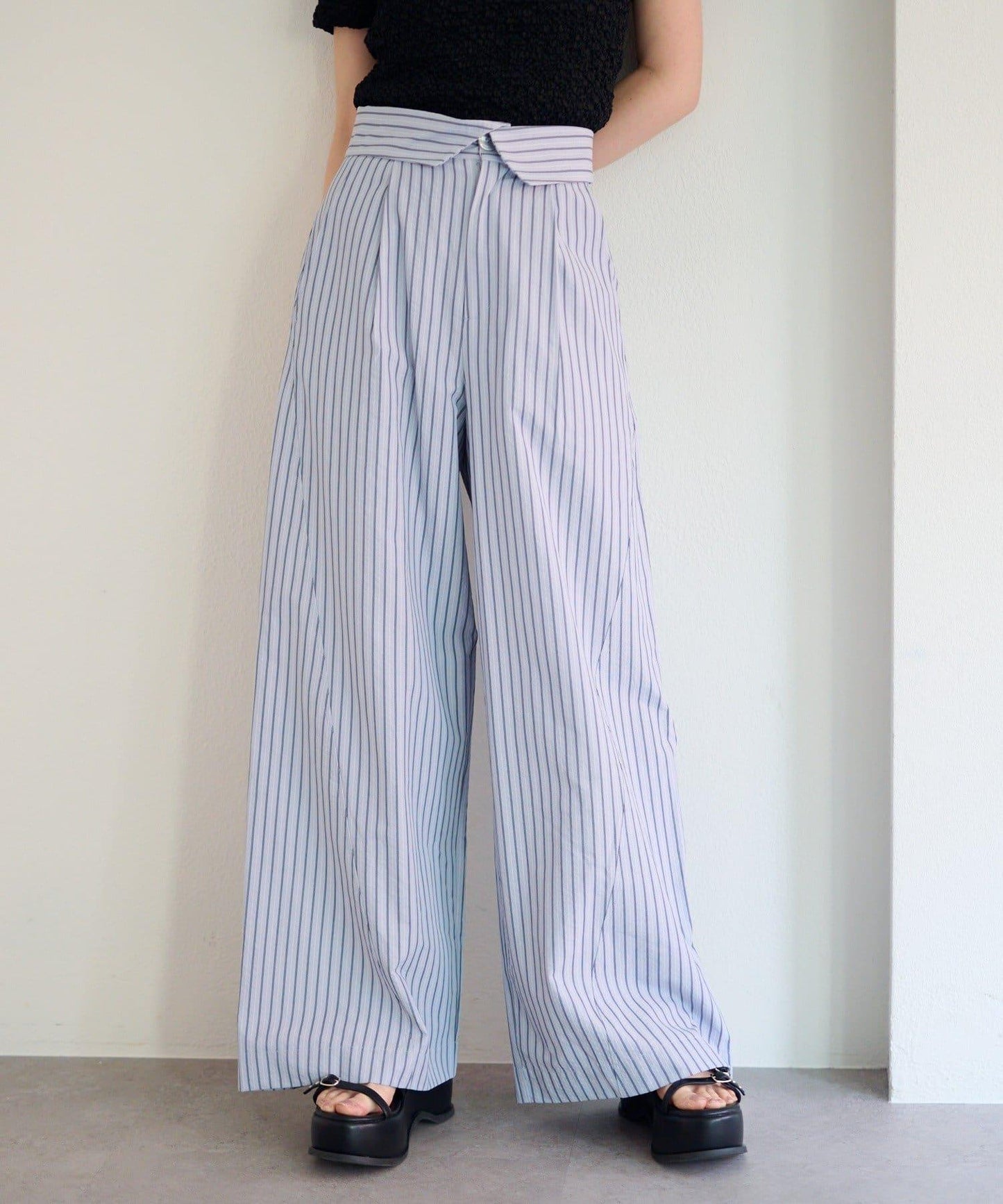 條紋翻蓋設計褲子