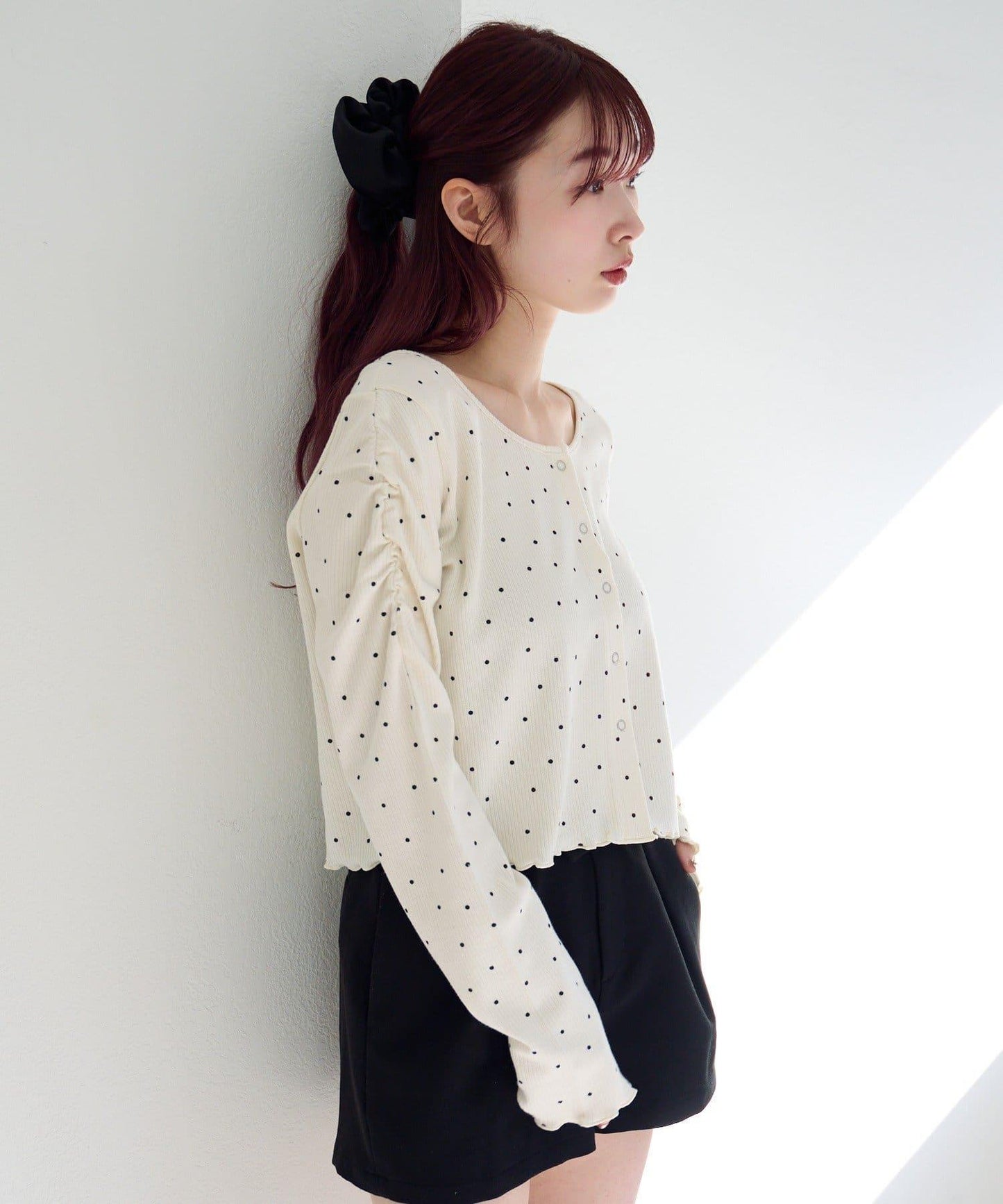 波點與純色 針拔羅紋 針織開衫
