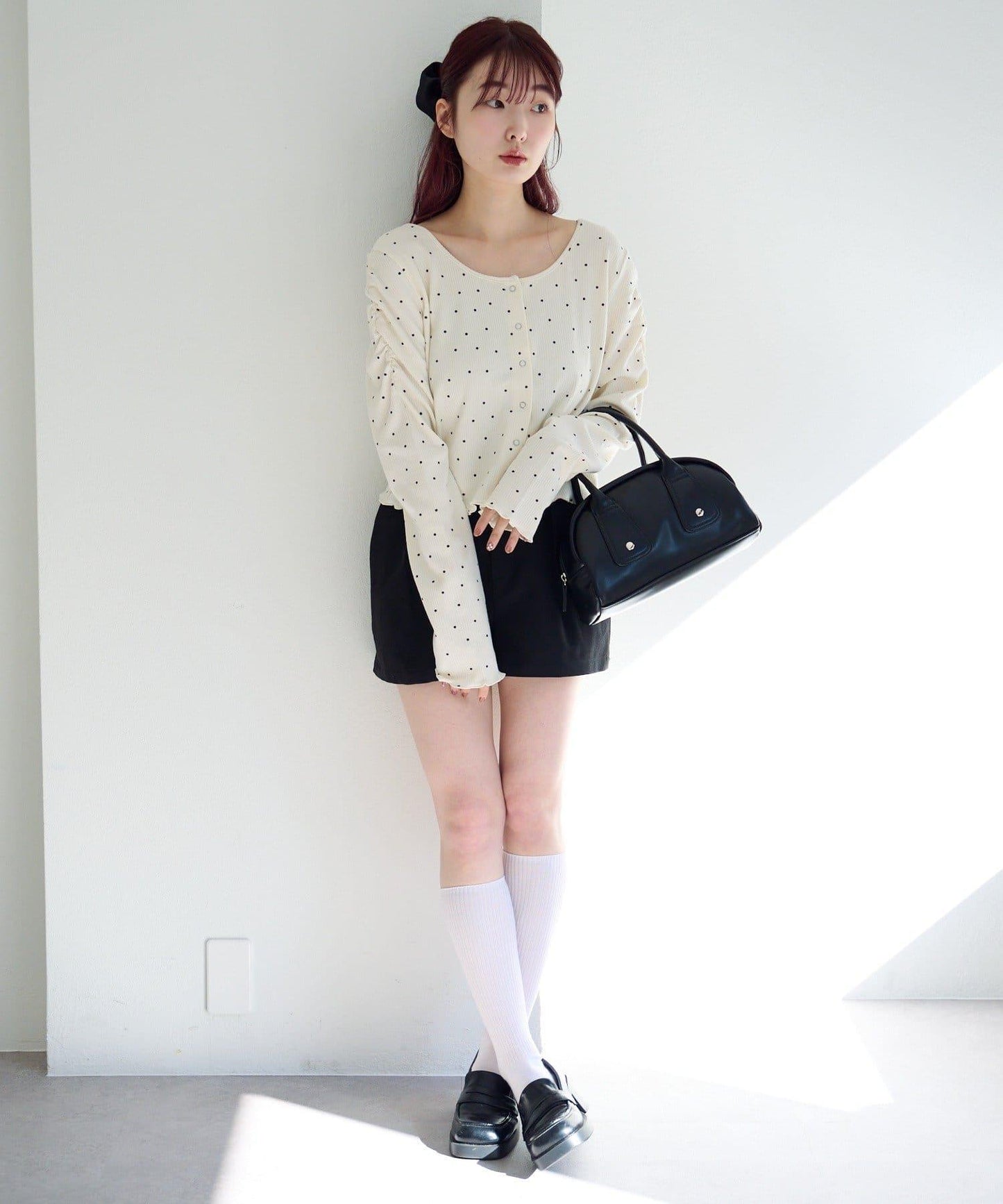 波點與純色 針拔羅紋 針織開衫