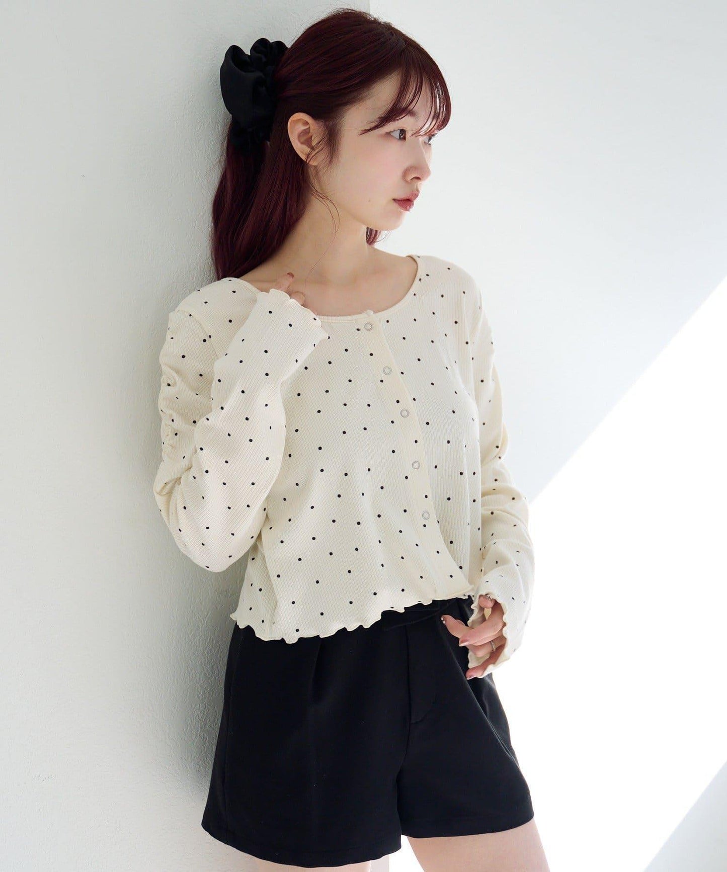 波點與純色 針拔羅紋 針織開衫