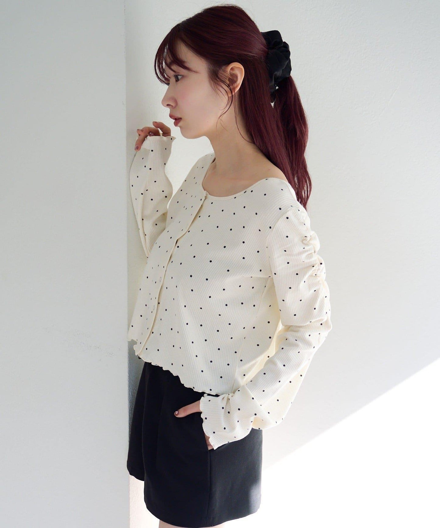 波點與純色 針拔羅紋 針織開衫