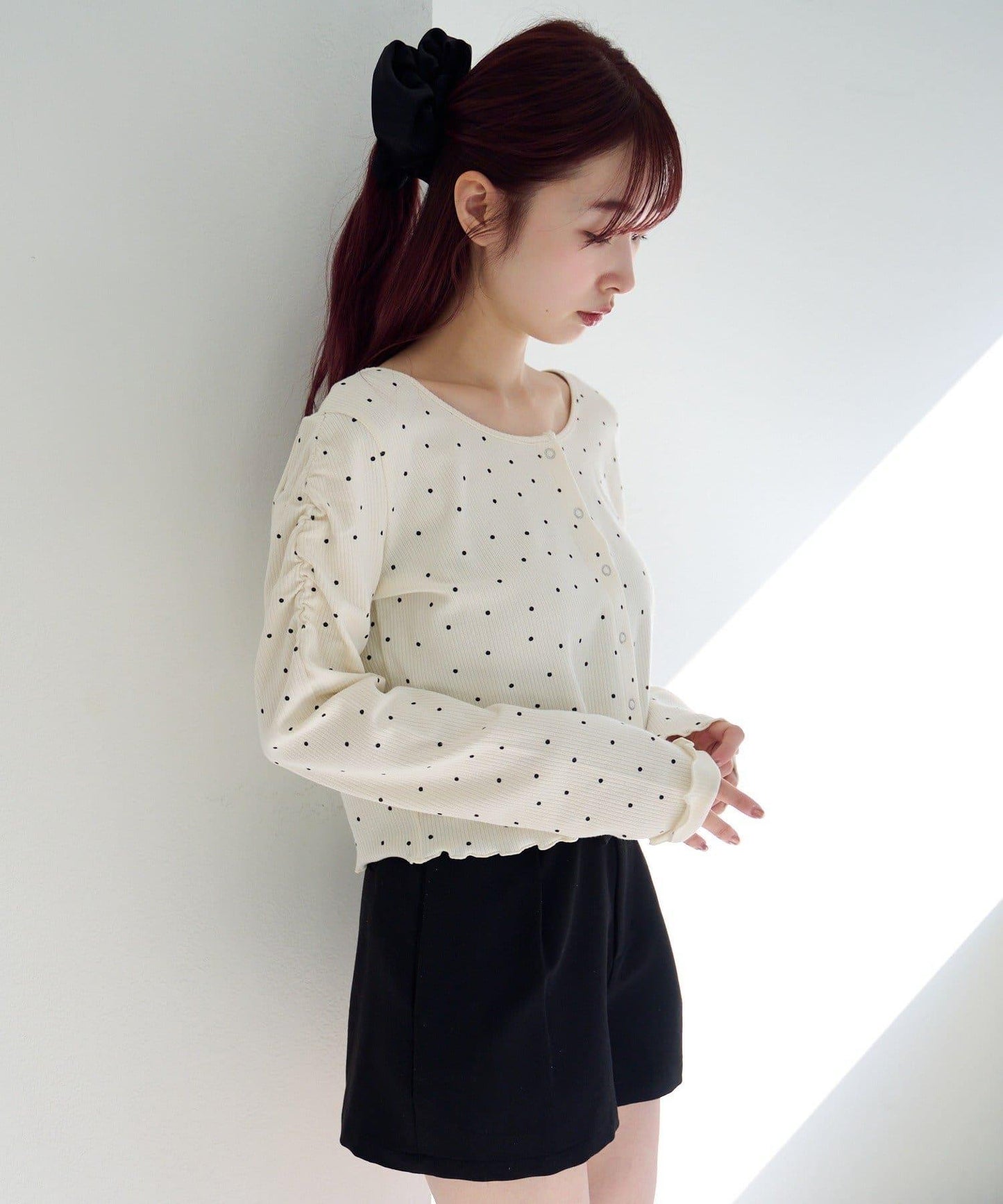 波點與純色 針拔羅紋 針織開衫