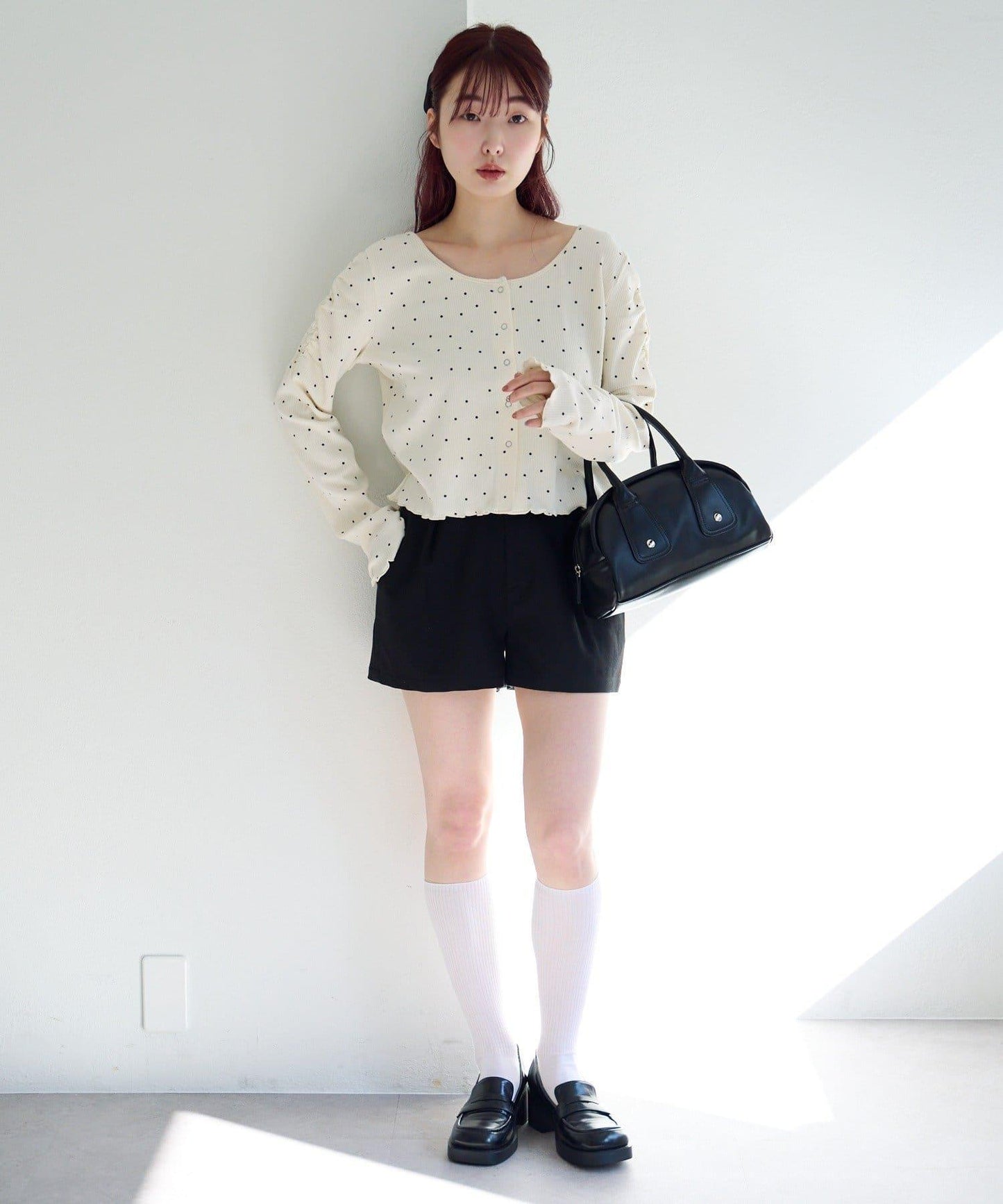 波點與純色 針拔羅紋 針織開衫